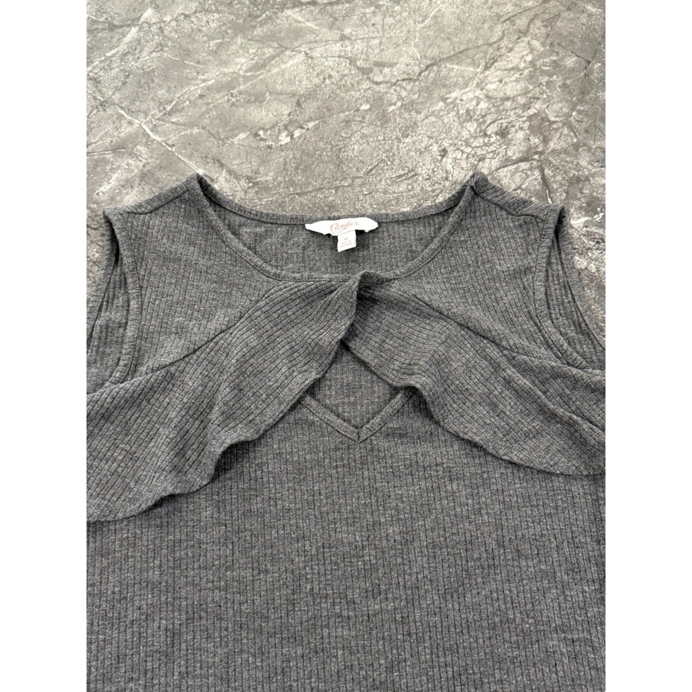Candies Ruffle Front Stretchy Cold‎ Shoulder Ribbed Top Keyhole Ruched Gray M - Picture 5 of 10